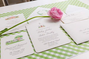 wedding stationery on a green checkered background