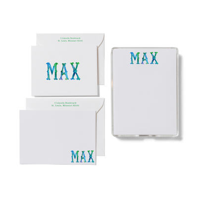 The Max personalized stationery set with flat card, foldover card, and notepad