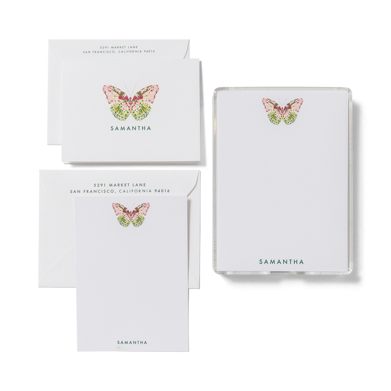 The Butterfly personalized stationery set with flat card, foldover card, and notepad