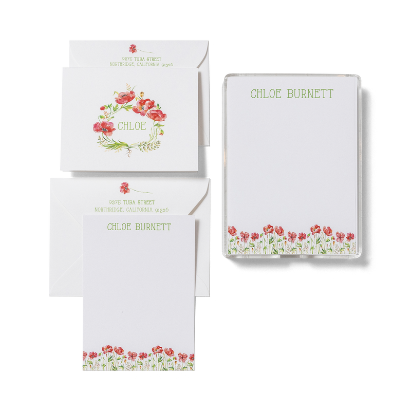 Poppy Wreath personalized stationery set with flat card, foldover card, and notepad