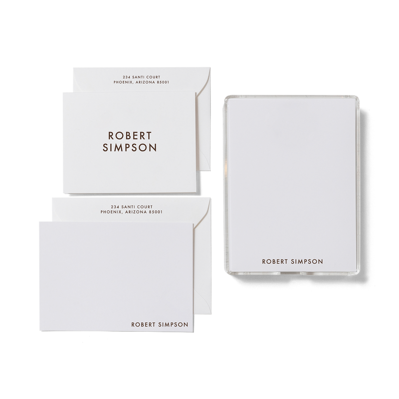 The Robert personalized stationery set with flat card, foldover card, and notepad