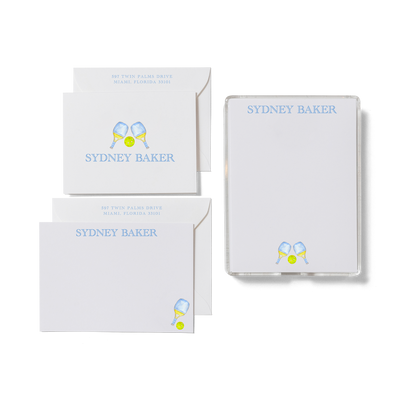 The Sydney personalized stationery set with flat card, foldover card, and notepad